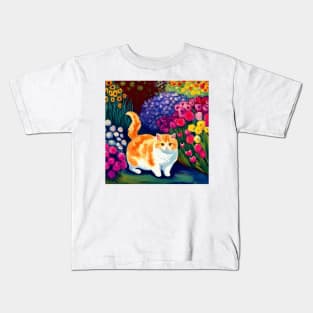 Orange and White Chonk in a Flower Garden Kids T-Shirt